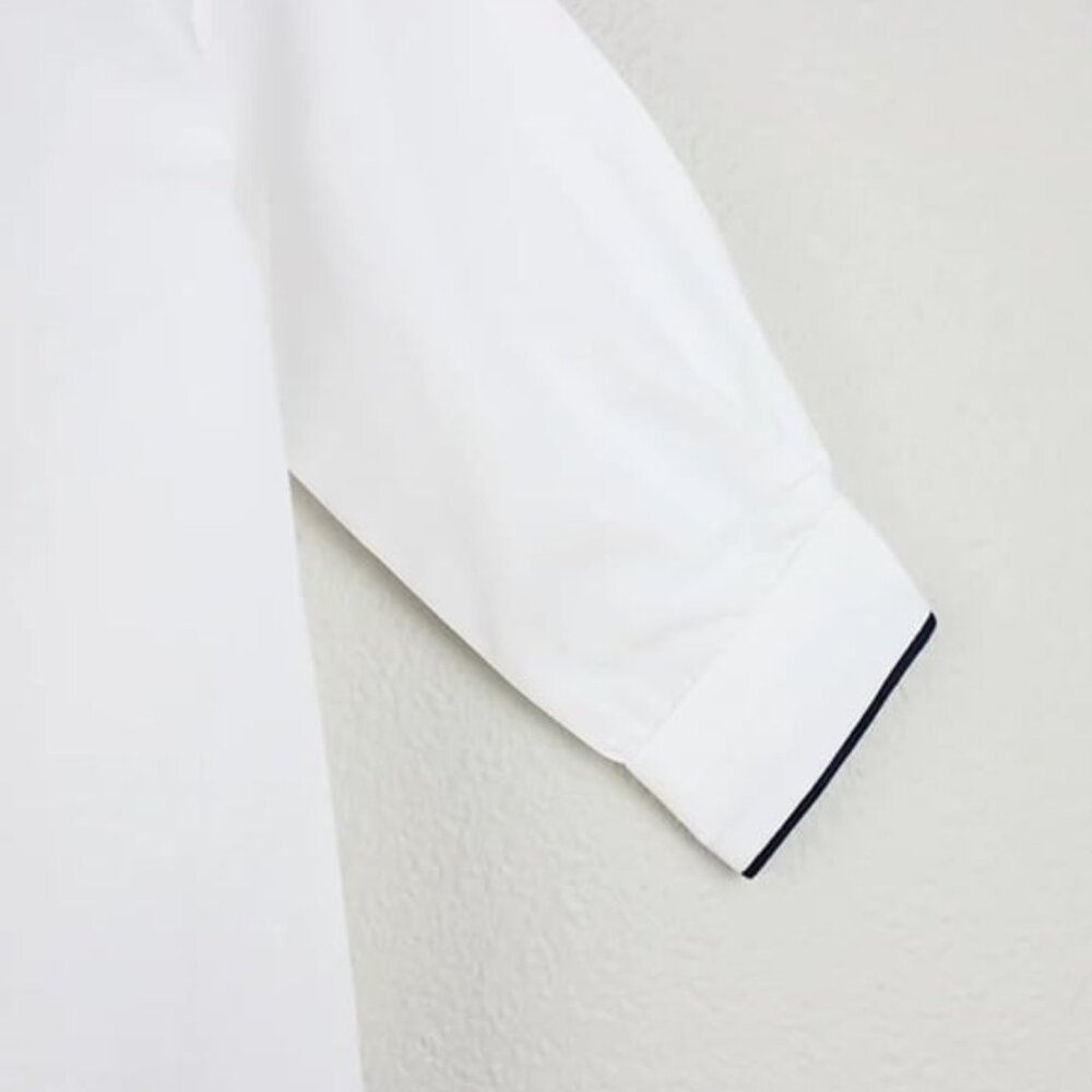 UNISEX-Long Sleeve White Cotton Shirt with Peter Pan Collar with RED TRIM - Picture 4 of 5
